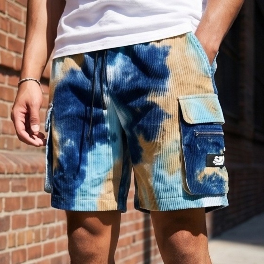 Sole Boy Mens S Tie Dye Corduroy Cargo Shorts Blue Tan Small‎ NWT